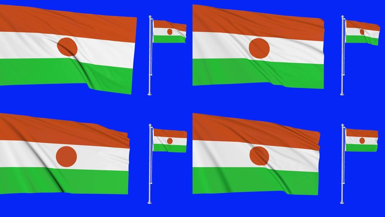 绿屏尼日尔两面旗帜挥舞着尼日利亚旗杆动画3d色度键