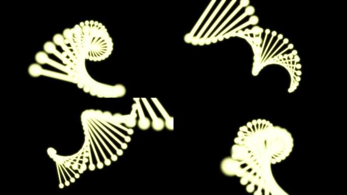 由黑色背景上的粒子组成的发光DNA的2D动画。60FPS。该物体位于屏幕中央，并不规则旋转。