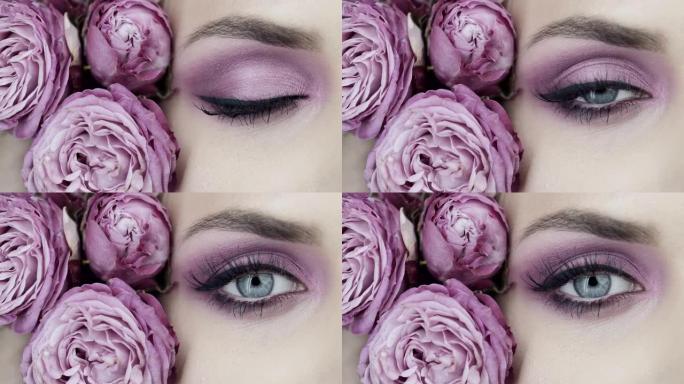 女性眼睛的特写与玫瑰。