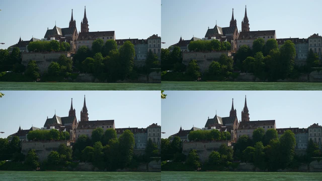 巴塞尔城市河晴天河畔著名教堂全景4k瑞士