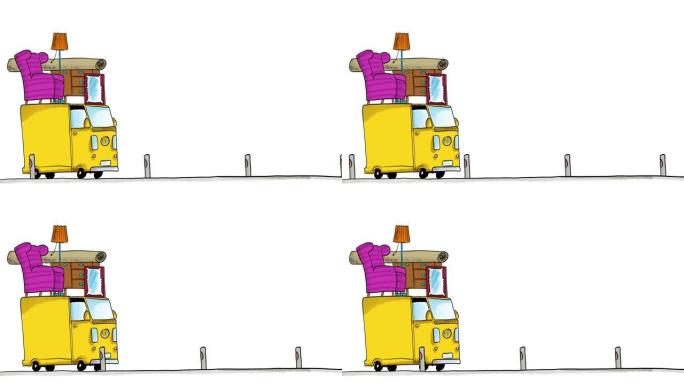屋顶上有家具的手绘黄色送货车的动画