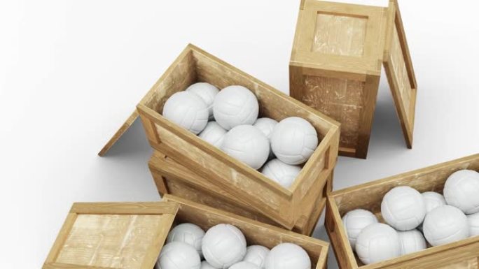 相机平移和变焦以上三个打开的装满排球球的木质运输箱