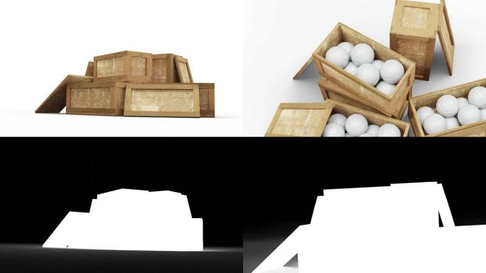 相机平移和变焦以上三个打开的装满排球球的木质运输箱