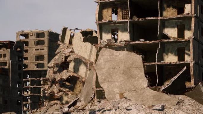 在战争和冲突期间被空袭摧毁的多层建筑的特写