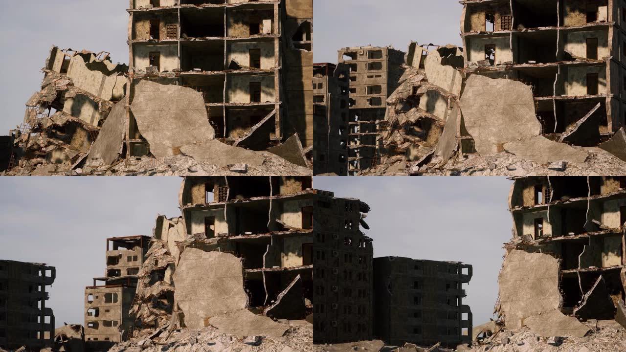 在战争和冲突期间被空袭摧毁的多层建筑的特写