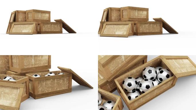 相机在一个装满足球球的打开的木质运输箱上方移动和缩放