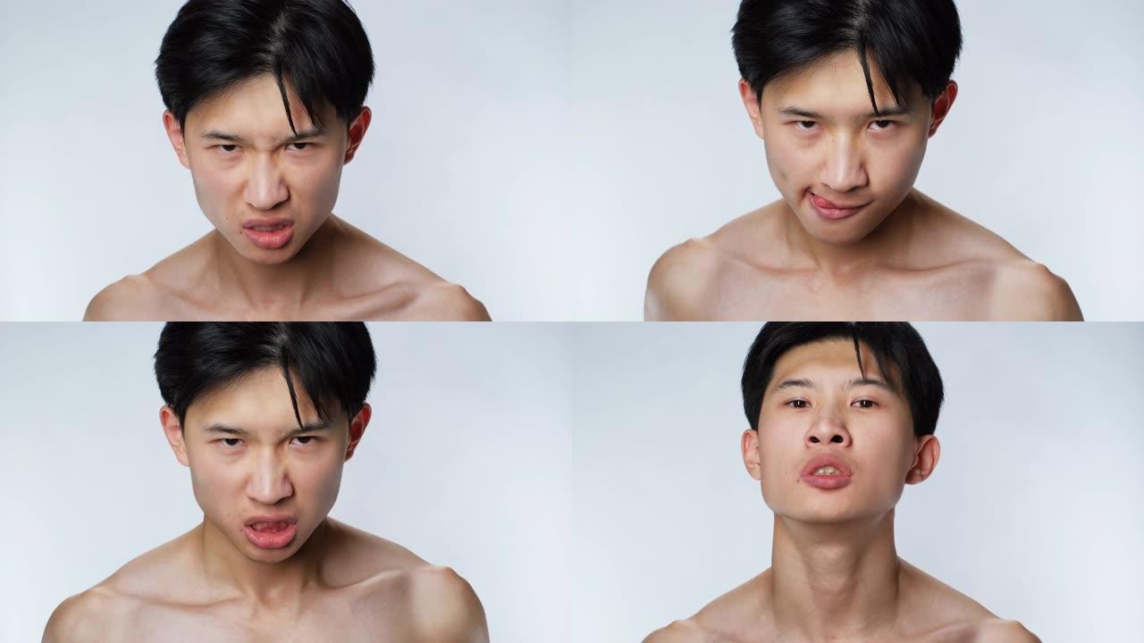 愤怒的亚洲帅哥看镜头特写情绪。韩国愤怒男人4k。