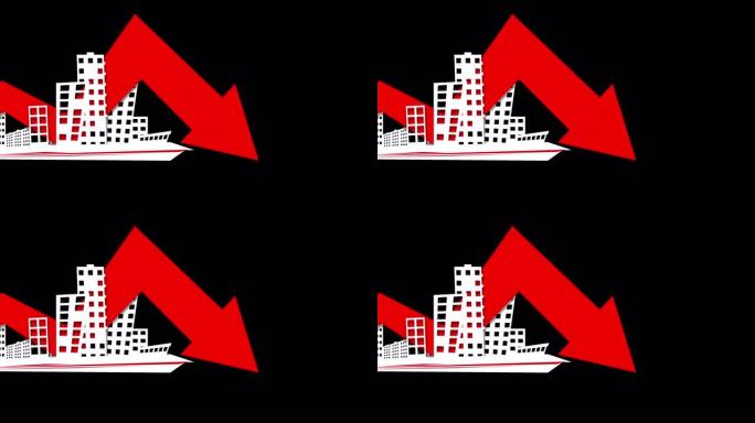 商业背景，城市轮廓和红色箭头图形指向下