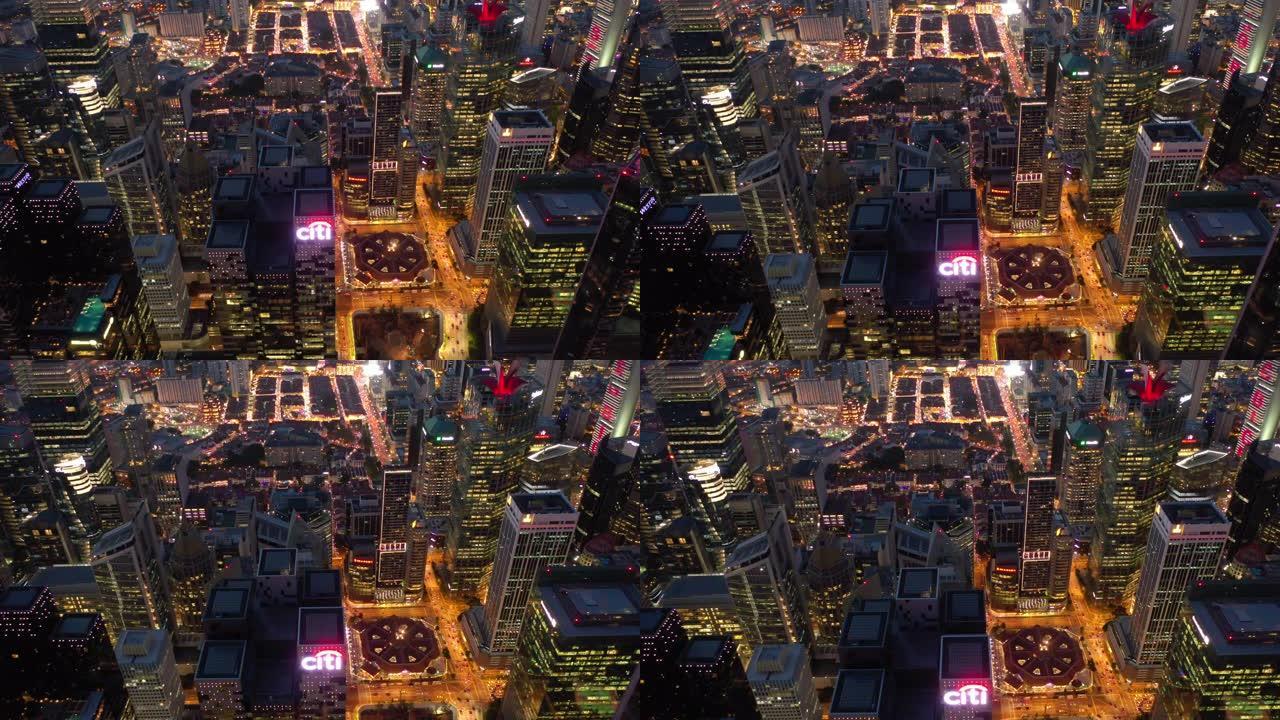 黄昏时间照明新加坡市中心著名交通市场街道空中俯拍全景4k