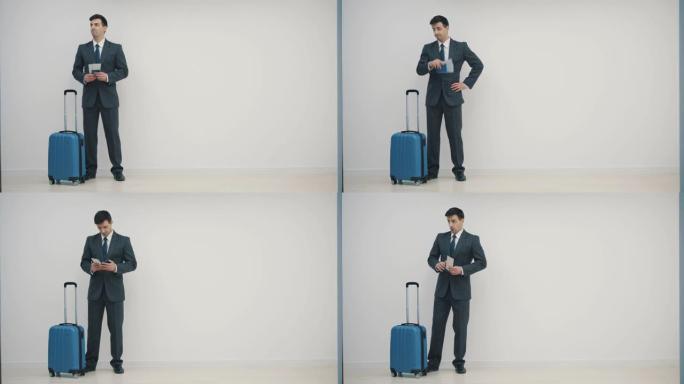 忙碌的商人带着手提箱看着机场的登机台，背景是白色的。