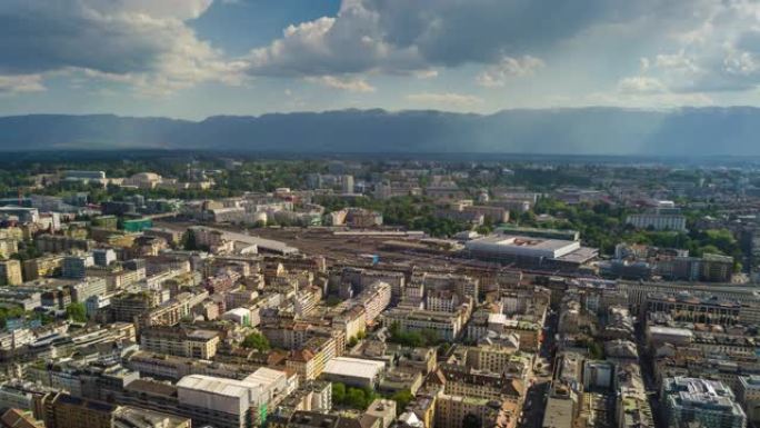 阳光明媚的日子日内瓦城市景观中央火车站空中全景4k时间流逝瑞士