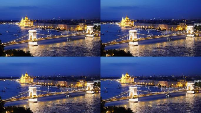 铁链桥和布达佩斯市的黄昏镜头