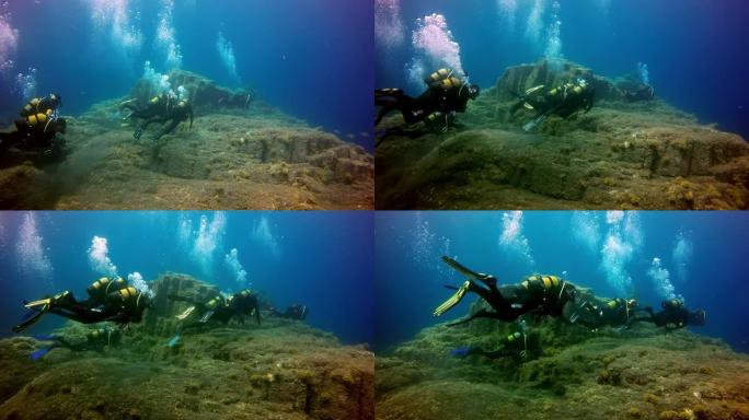 大西洋火山起源底部的水下潜水员。
