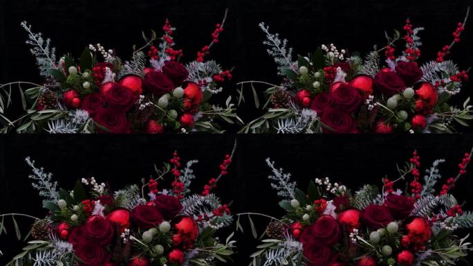 黑色背景下美丽玫瑰花束的旋转镜头，工作室镜头-爱情概念