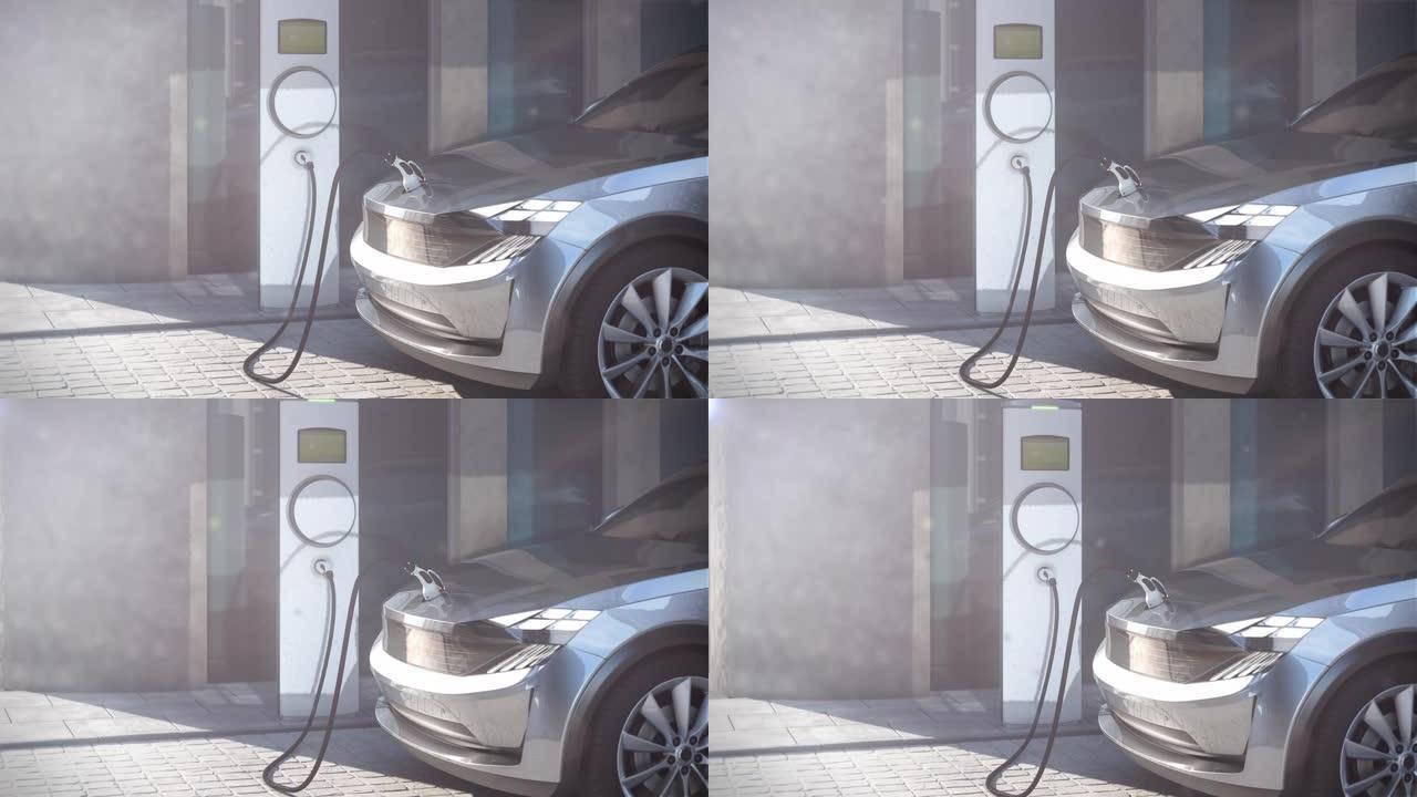 在公共停车场使用智能汽车充电站的未来电动SUV 3d渲染