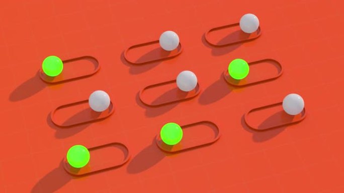 球变色。绿色发光球体，橙色背景。抽象动画，3d渲染。