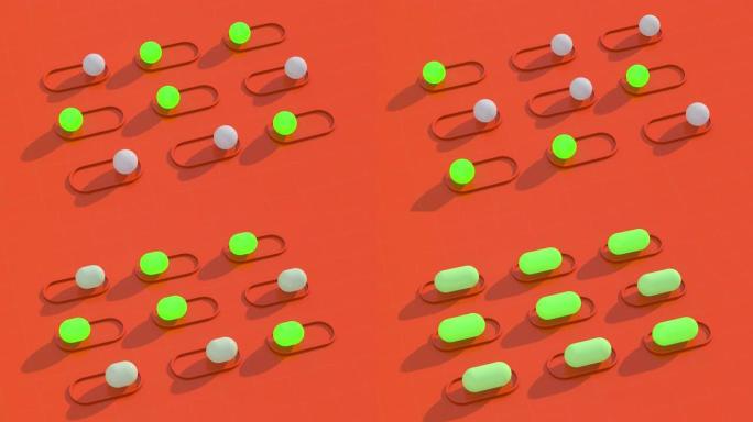 球变色。绿色发光球体，橙色背景。抽象动画，3d渲染。