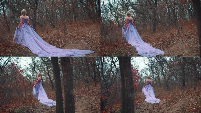 公主穿着紫色连衣裙，坐长途火车。害怕，迷失在森林里。