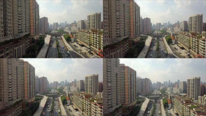 晴天著名的广州市交通路口空中全景倾斜-换挡4k中国