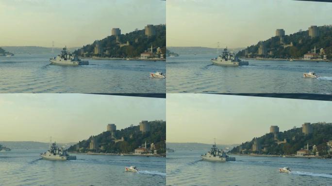 以伊斯坦布尔著名景点为背景的博斯普鲁斯海峡的俄罗斯军舰