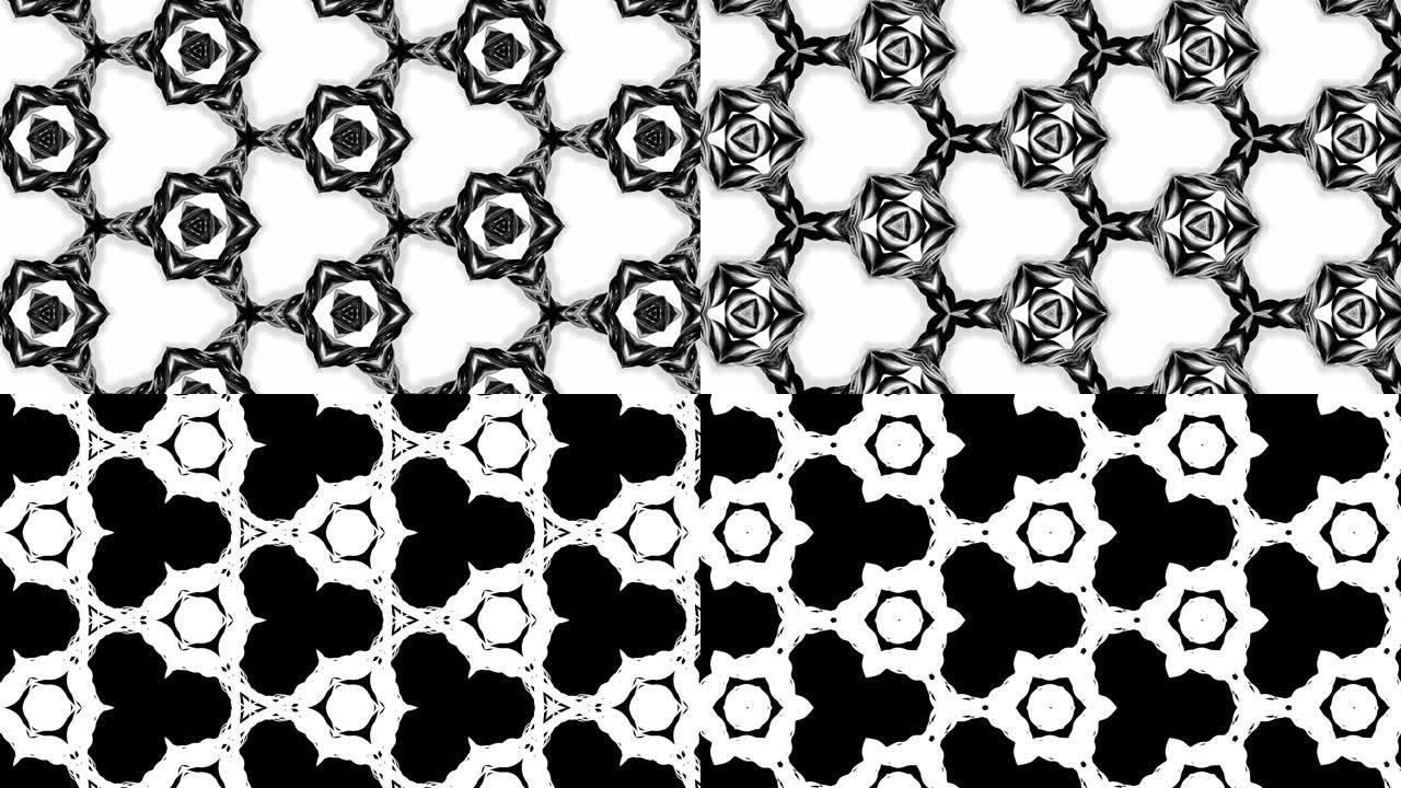 带丝带的黑白图案的4k无缝循环动画扭曲并形成复杂的圆形结构，如对称装饰图案或万花筒
