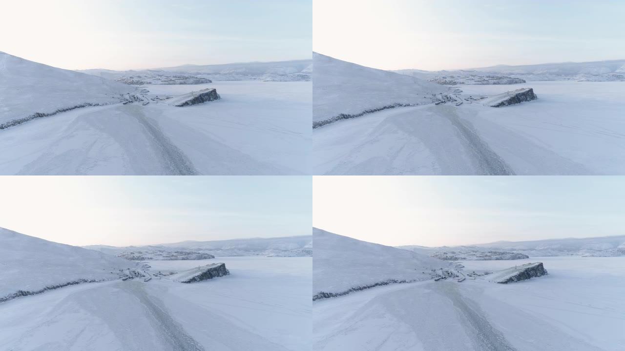 无人机飞越一艘船在冰冻的贝加尔湖冰面上留下的踪迹