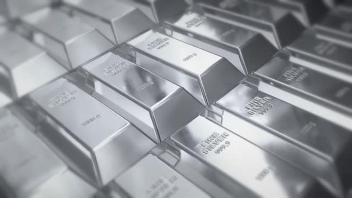 金属架子上美丽的银条，明亮发光的反射无缝。银色金库中银色金条的循环3d动画。银行和财富概念。