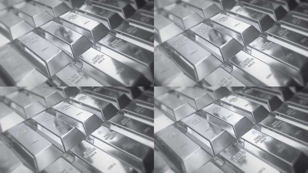 金属架子上美丽的银条，明亮发光的反射无缝。银色金库中银色金条的循环3d动画。银行和财富概念。