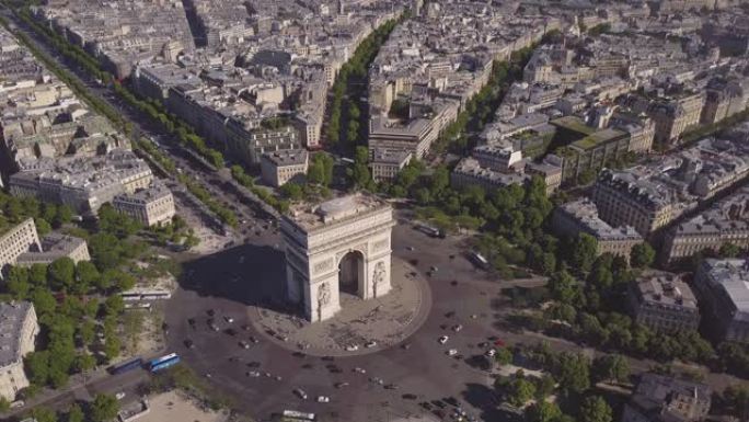夏日巴黎城市景观著名的凯旋交通圈空中全景4k延时法国