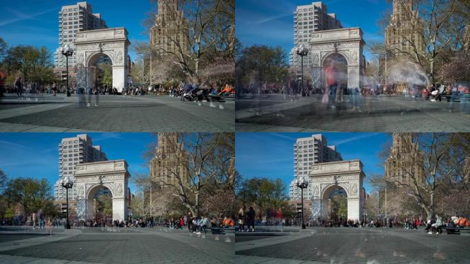 日光延时纽约大学学生和游客坐在曼哈顿下城华盛顿广场公园放松