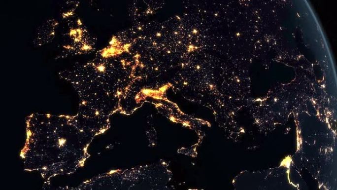 欧洲在夜间从太空旋转的地球行星