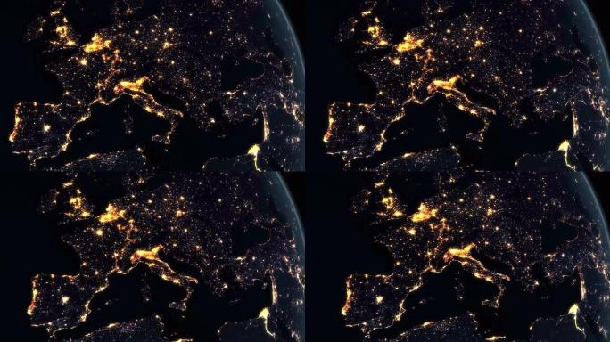 欧洲在夜间从太空旋转的地球行星