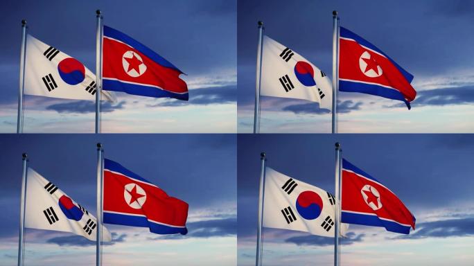 韩国和朝鲜的旗帜显示了首尔和平壤之间的紧张和对抗。