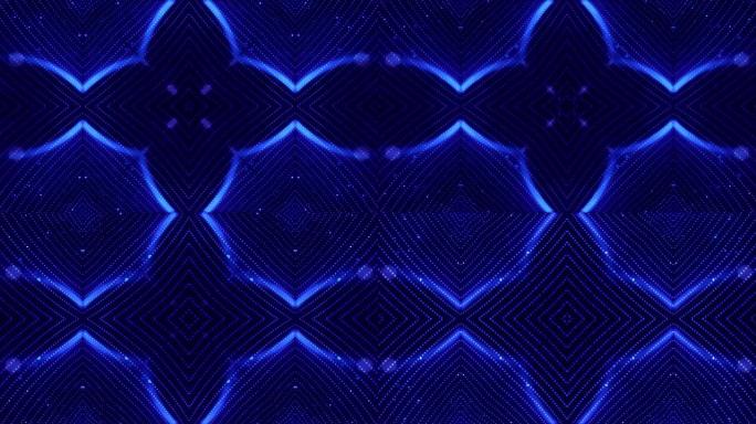 微世界或纳米技术的抽象主题。4k循环科幻3d背景，具有灯光效果。辉光蓝色粒子形成线，表面，复杂的对称