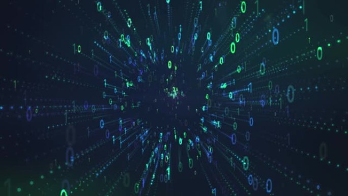 二进制代码黑色和绿色蓝色背景，数字在屏幕上移动，数字时代的概念。算法二进制，数据代码，解密和编码，背