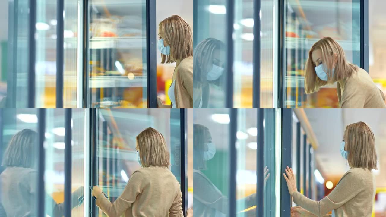 女性购物者走近超市的冰箱，拿出冷冻食品，在检疫期间购买食物。戴着医用防护面具的女人在超市买杂货。4k