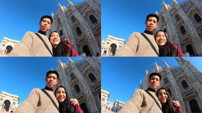 年轻的浪漫情侣一起在米兰大教堂旅行