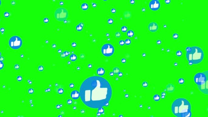喜欢的4k动画社交媒体图标在绿色色度键背景上向上浮动。