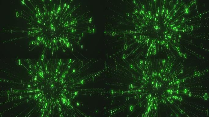 二进制代码黑色和绿色背景，数字在屏幕上移动，数字时代的概念。算法二进制，数据代码，解密和编码，背景。