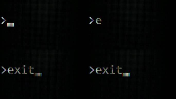 在计算机屏幕特写上键入带有单词出口的命令行。宏细节拍摄监视器像素。像素放大了黑色背景上的白色发光晶体