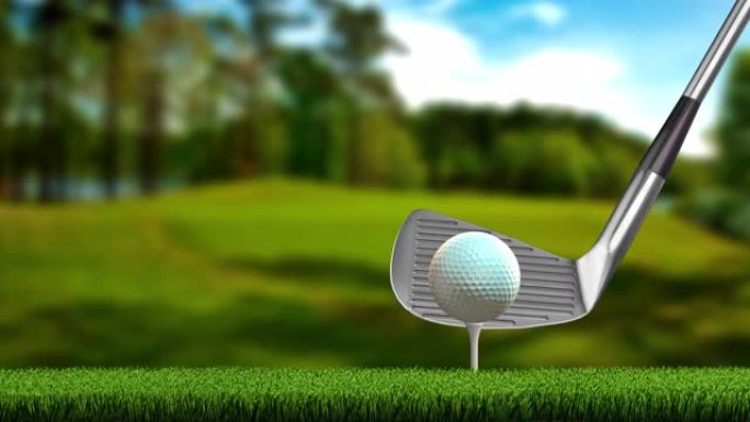 高尔夫球杆向高尔夫球来回摆动，该高尔夫球在高尔夫球球座上旋转-无缝循环