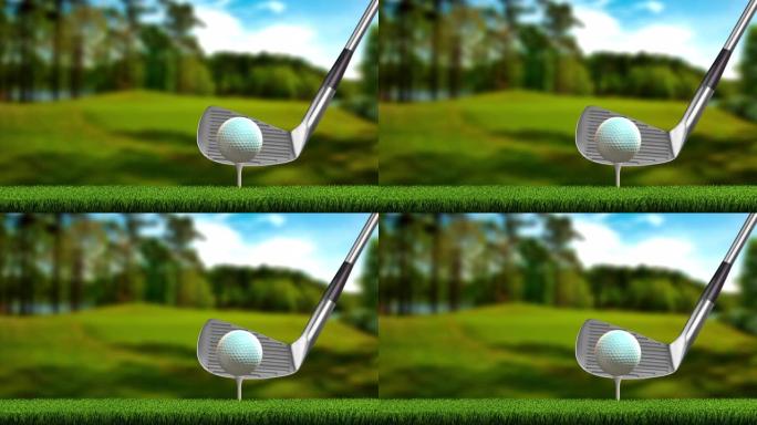 高尔夫球杆向高尔夫球来回摆动，该高尔夫球在高尔夫球球座上旋转-无缝循环