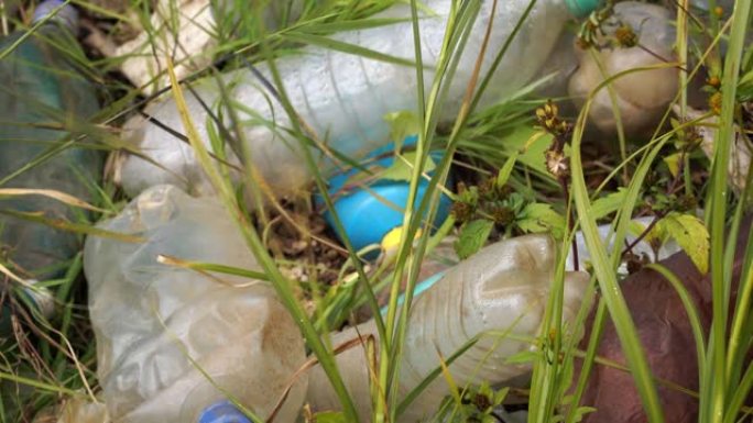 草中的塑料瓶和其他不可降解废物。