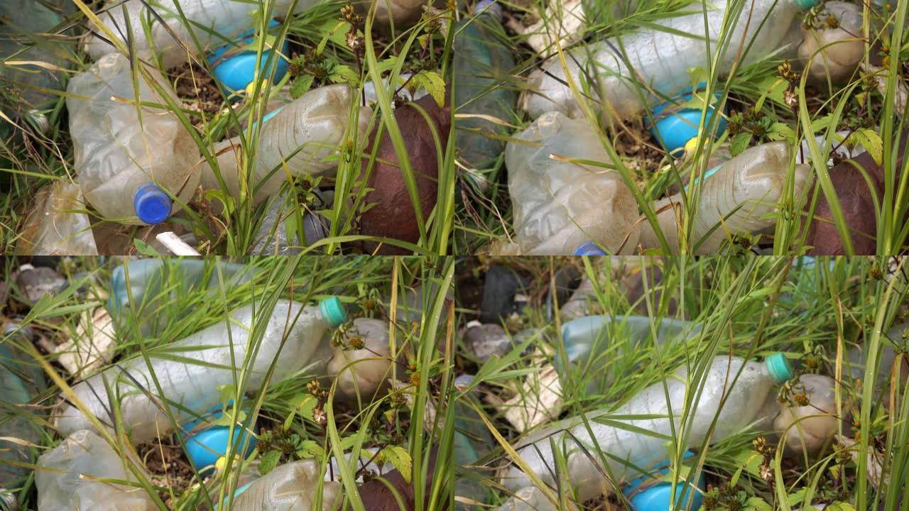 草中的塑料瓶和其他不可降解废物。