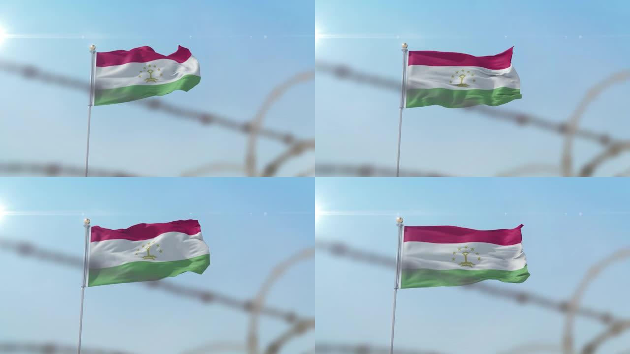 后面有倒钩的塔吉克斯坦国旗飘扬