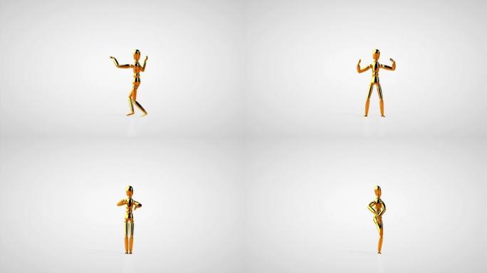 有趣的金色人体模型霹雳舞，无缝循环，白色工作室