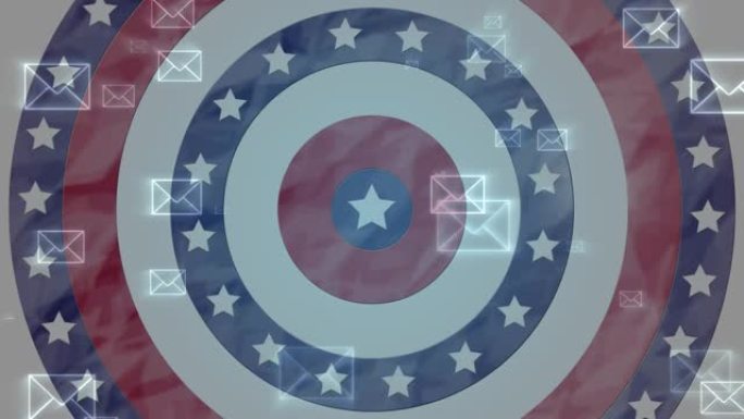 多个信封图标移动与美国国旗旋转的圆圈