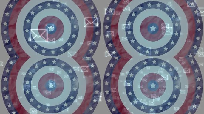 多个信封图标移动与美国国旗旋转的圆圈
