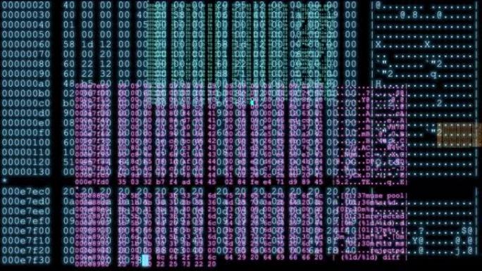 彩色的计算机代码行在黑色背景下实时在屏幕上重复-无缝循环