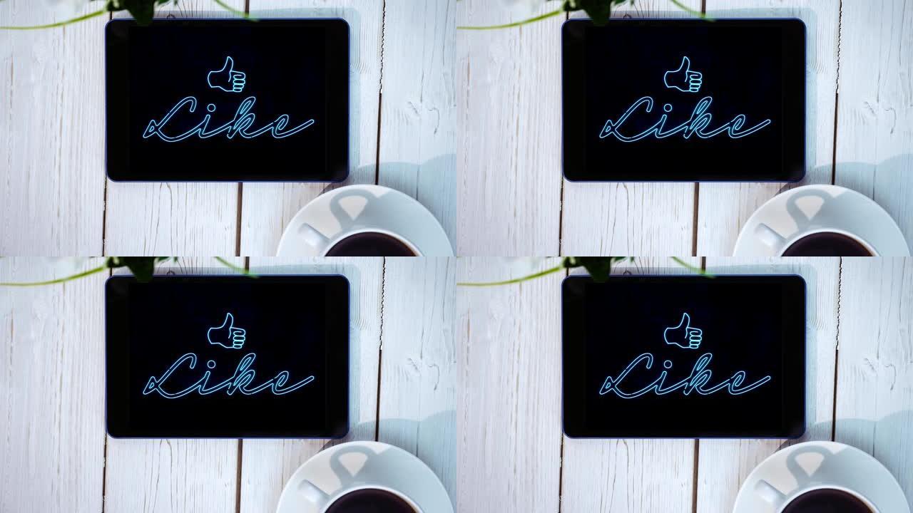 蓝色霓虹灯风格的动画像数字平板电脑屏幕上闪烁的图标